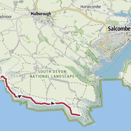 Map showing a coastal walking route from Hope to Salcombe through South Devon National Landscape with key checkpoints marked.