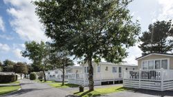 Row of modern static caravans with white decks, surrounded by trees and greenery on a sunny day in a holiday park.