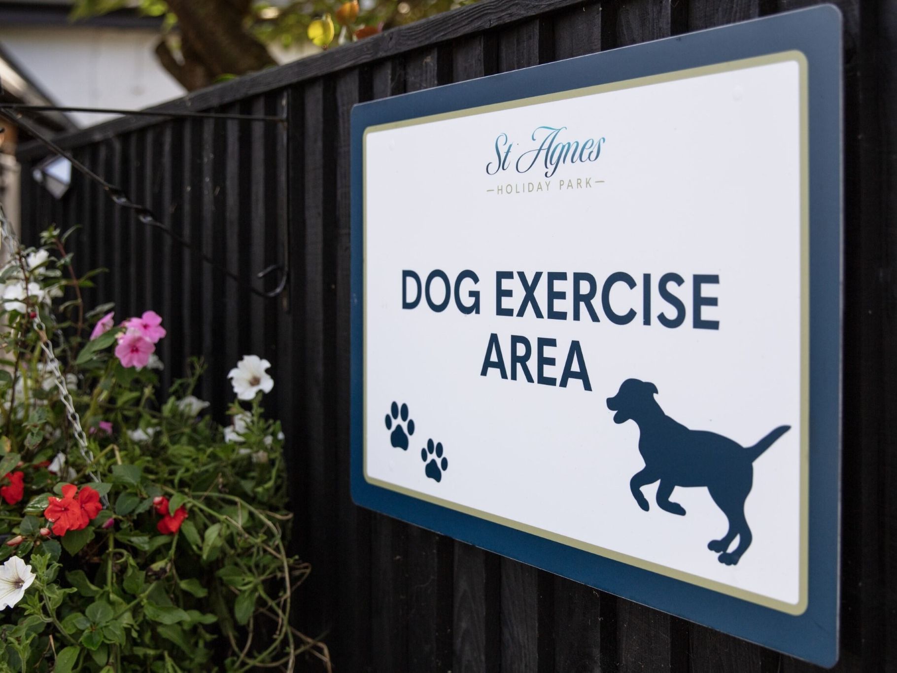 Sign on a black fence that says 'DOG EXERCISE AREA' with dog paw prints and an illustration of a dog, next to a hanging basket of colorful flowers.