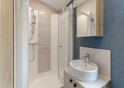 Modern bathroom with a shower and a round sink
