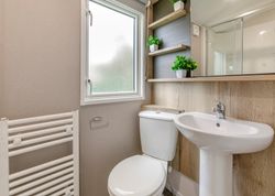 Modern bathroom with white toilet, pedestal sink, frosted window, wooden shelves, and potted green plants.