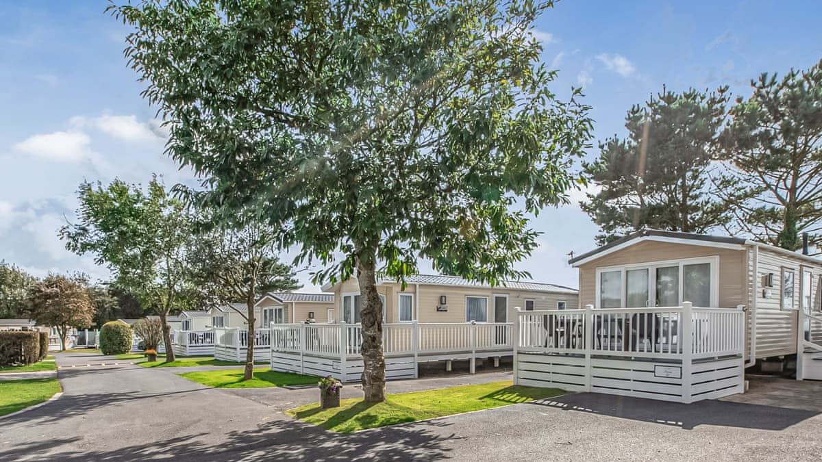 Row of modern mobile homes with white decking under trees in a holiday park.