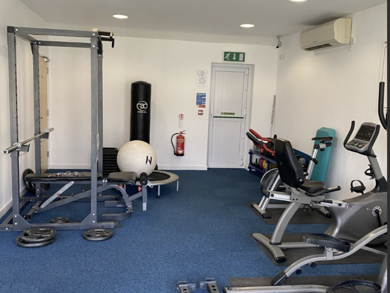 Small gym room with exercise equipment including a squat rack, recumbent exercise bike, punching bag, weights, and yoga mats.