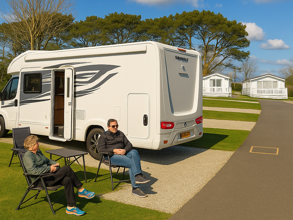 Two people sitting outside a parked camper van on a sunny day with a clear blue sky and white clouds.
