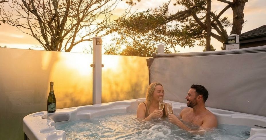 A couple enjoying drinks together in a hot tub at sunset.