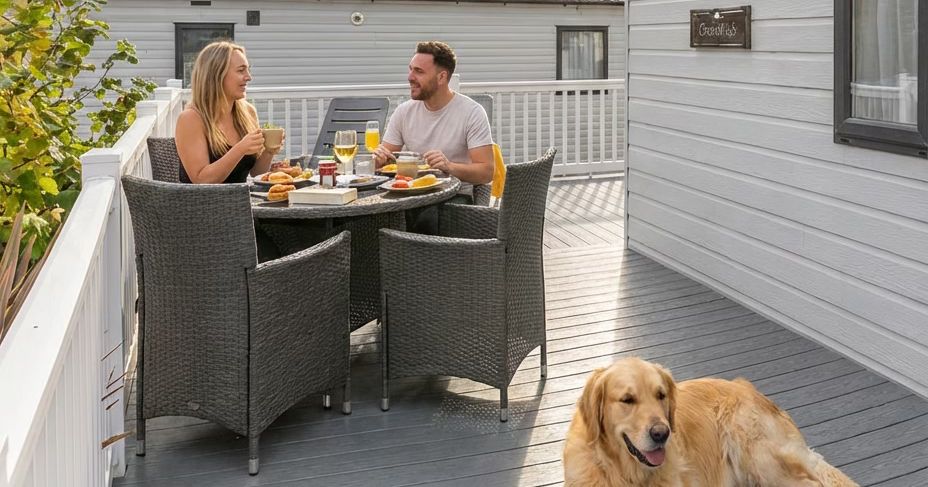 Couple dining outdoors with a golden retriever on a holiday lodge deck