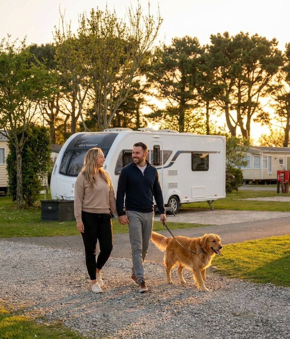 A couple walking a golden retriever dog in front of a travel trailer at a campsite.