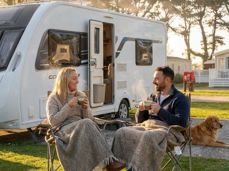 A couple sitting outside their caravan, wrapped in blankets and drinking hot beverages, with a dog lying nearby.