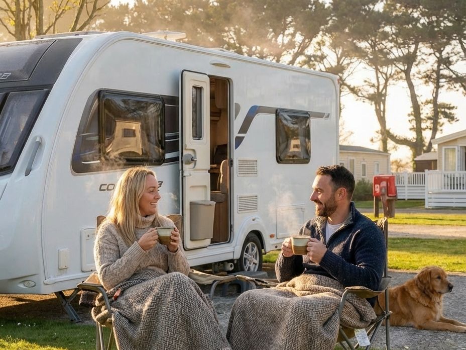 A couple sitting outside their caravan, wrapped in blankets and drinking hot beverages, with a dog lying nearby.