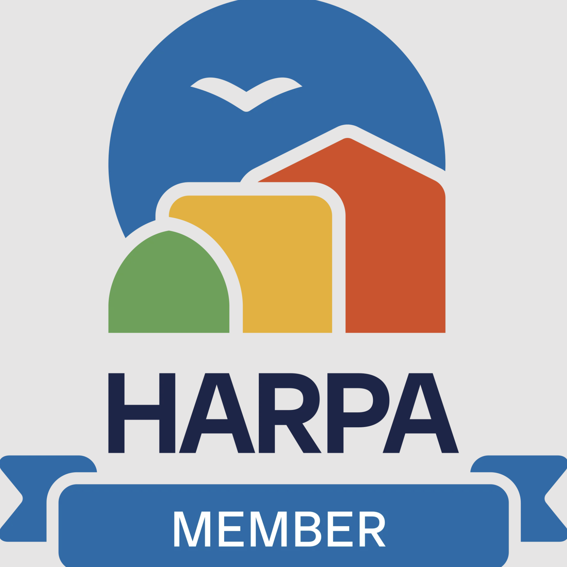 HARPA Member logo featuring colorful geometric buildings, a blue circle with a flying bird, and a blue banner with the word 'MEMBER'.