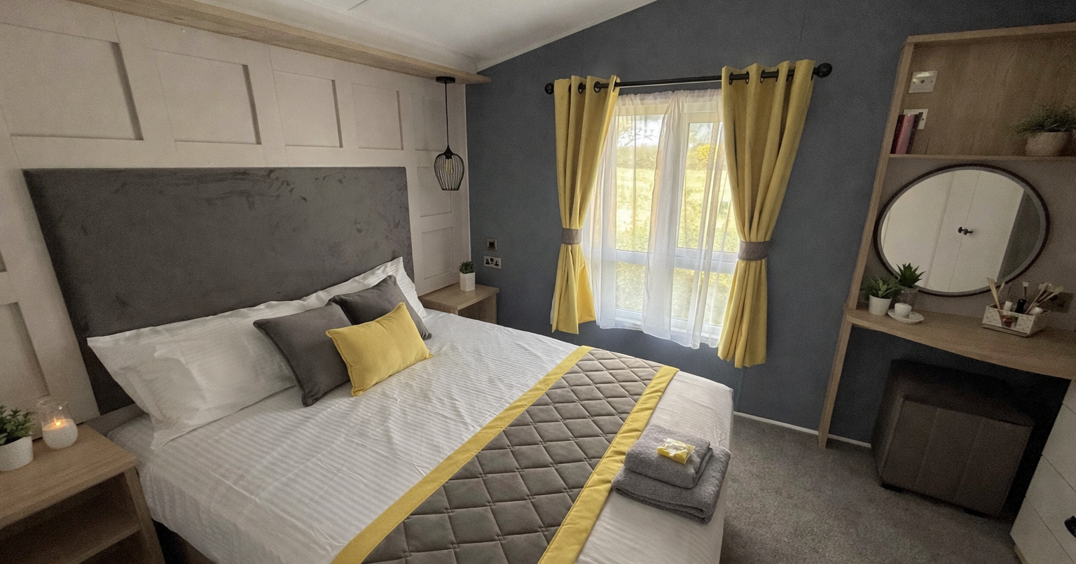 Modern bedroom with a neatly made bed featuring yellow and gray accents, a window with yellow curtains, and a vanity desk with a round mirror.