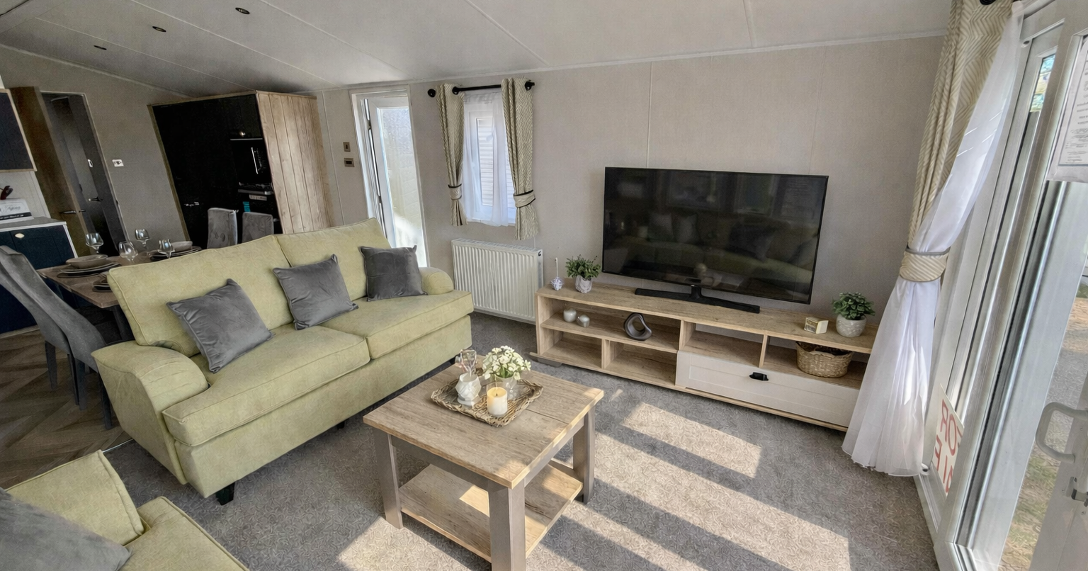 Modern living room with light green sofas, wooden coffee table, flat screen TV, and large windows letting in natural sunlight.