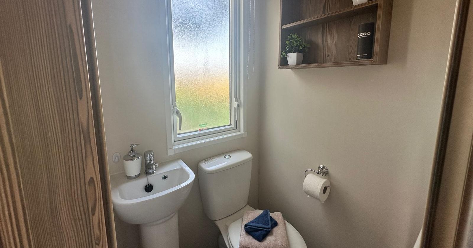 Compact bathroom with toilet, pedestal sink and frosted window, with wooden shelves and small plants