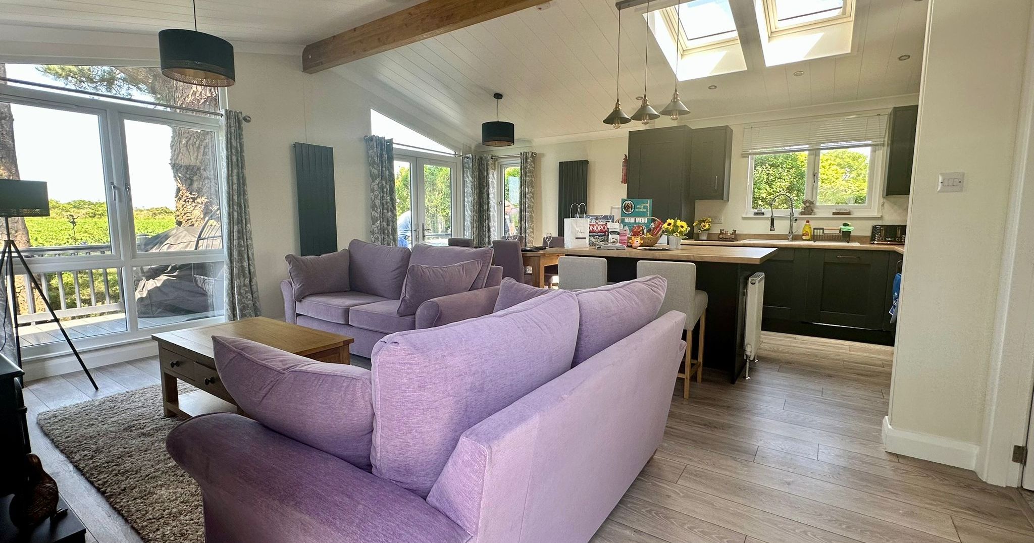 Open-plan living room and kitchen with purple sofas, wooden coffee table, skylights and large windows