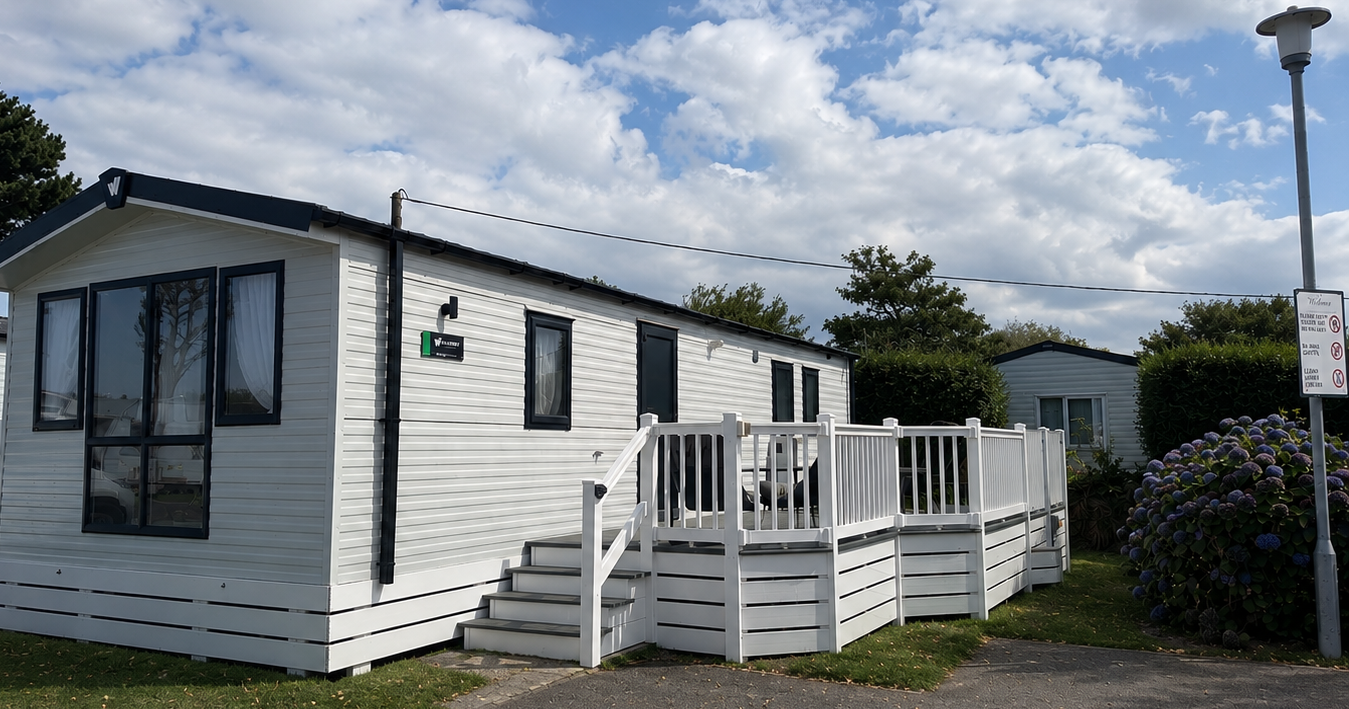 White static caravan with raised deck and steps on a holiday park under a partly cloudy sky