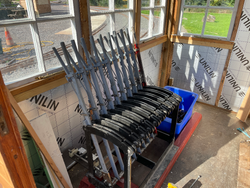 03/10/2024 The first of the operating levers mounted in the signal box, and the first trial operation of the crossing gates carried successfully out using the pneumatics.