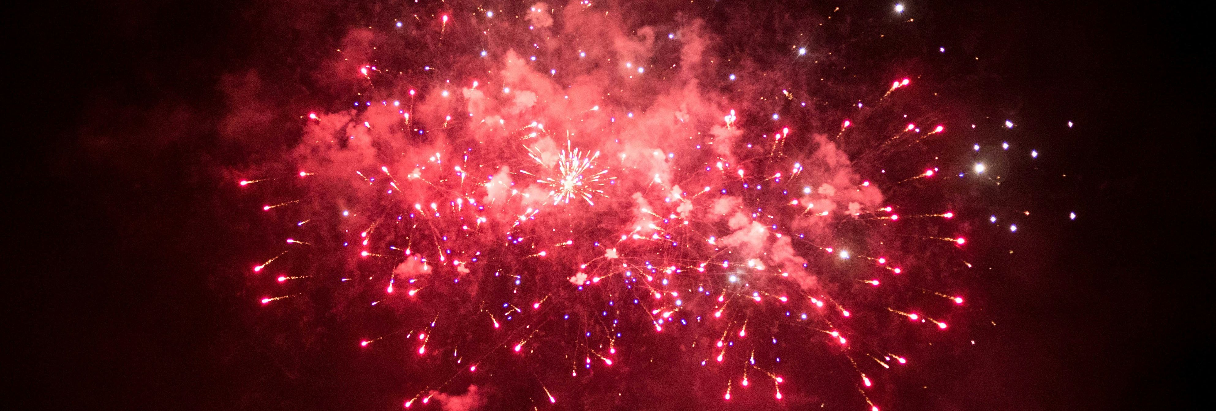 Crowd watching colorful fireworks explode in the night sky