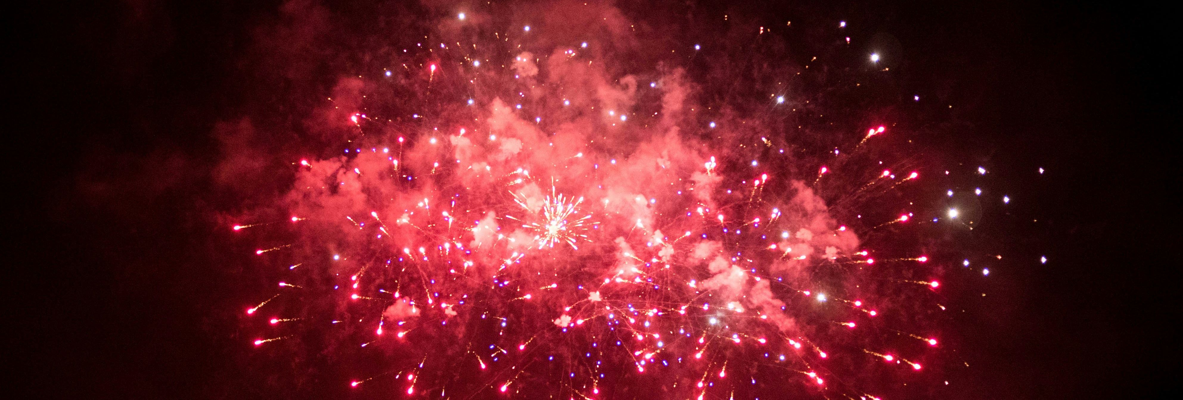 Crowd watching colorful fireworks explode in the night sky