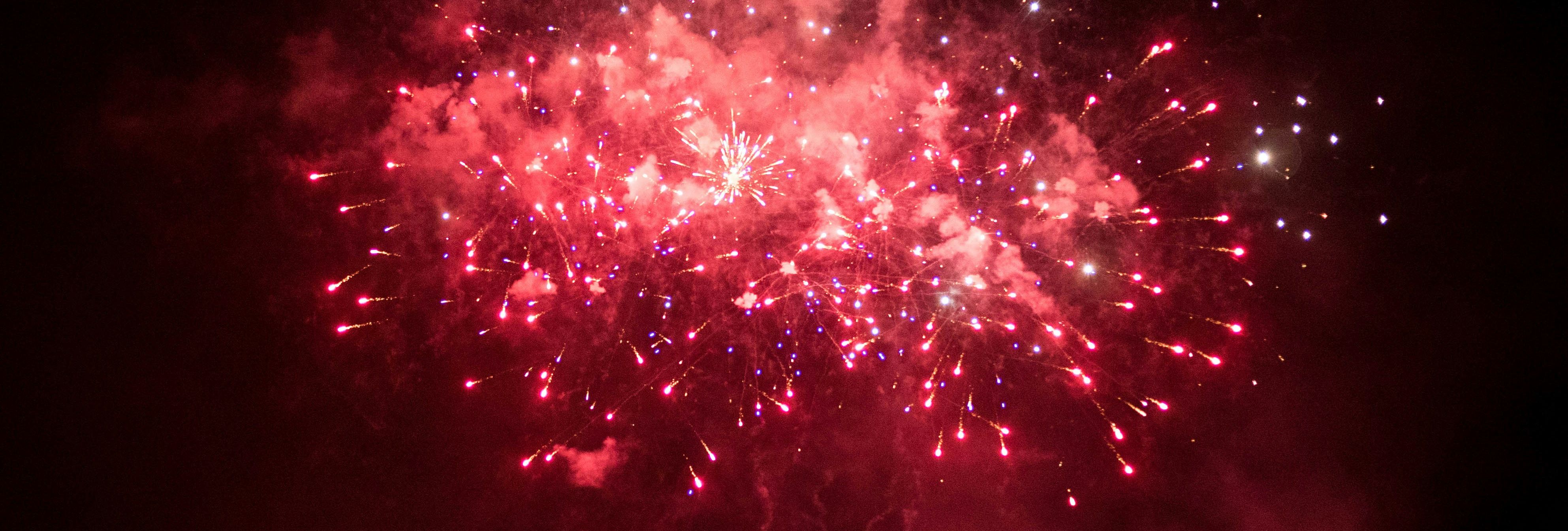 Crowd watching colorful fireworks explode in the night sky