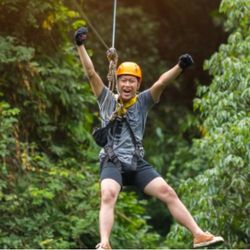 Person ziplining through lush green forest