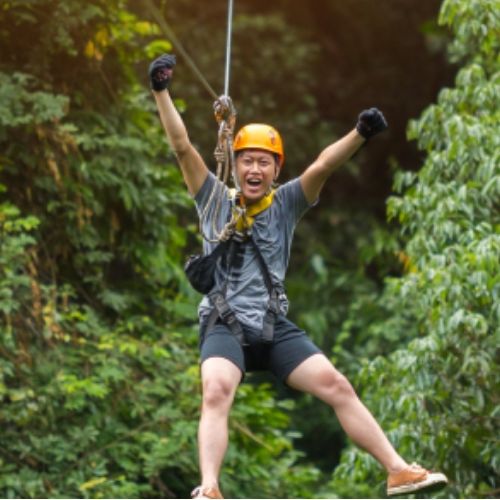 Person ziplining through lush green forest