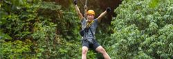 Person ziplining through lush green forest