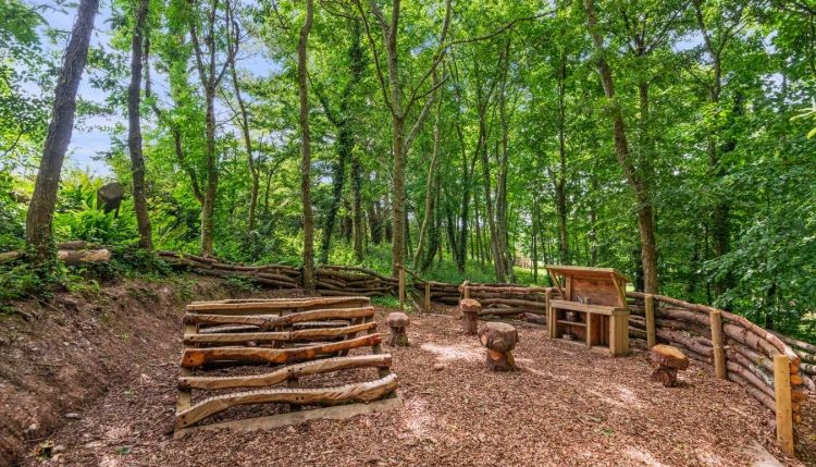 Rustic outdoor classroom with wooden benches and a teacher's desk surrounded by trees