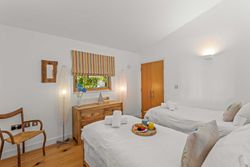 Bright and cozy twin bedroom with two single beds, wooden furniture, and modern decor.