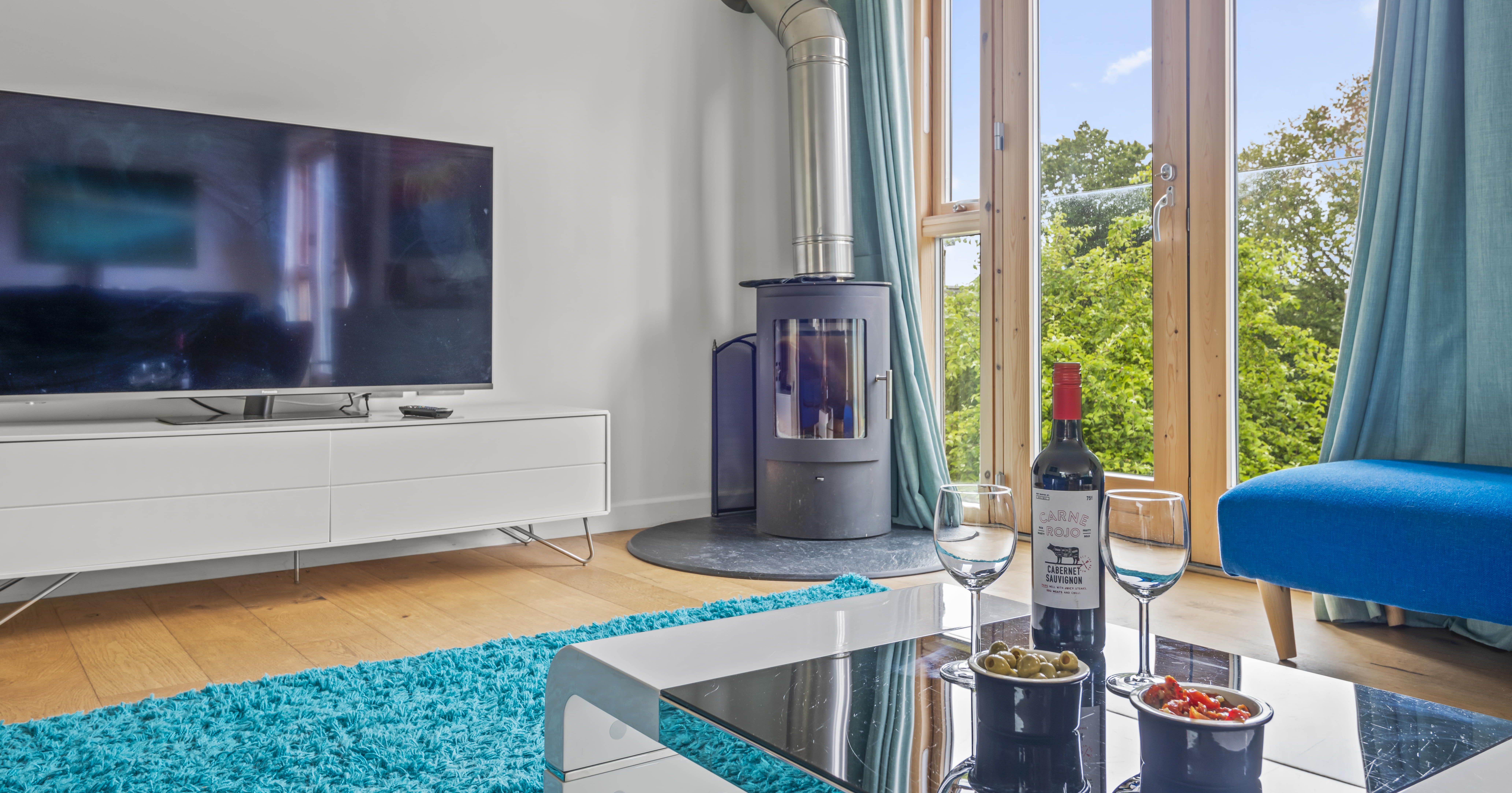 Modern living room with a TV, wood-burning stove, glass doors with blue curtains, a blue rug, a white TV stand, and a coffee table with wine, glasses, and snacks.