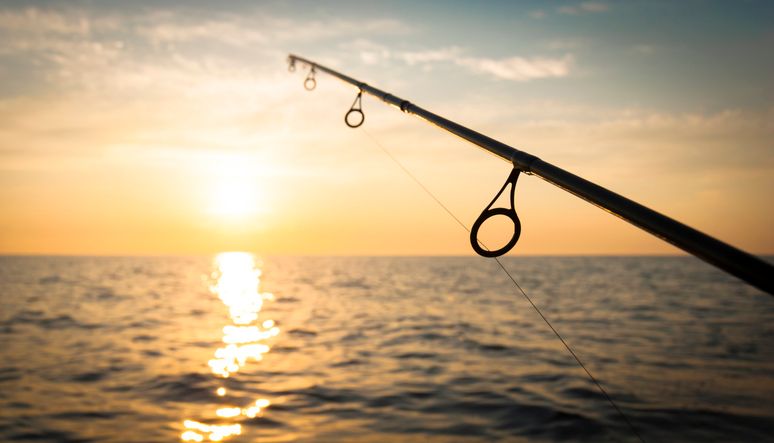 Fishing rod over water at sunset