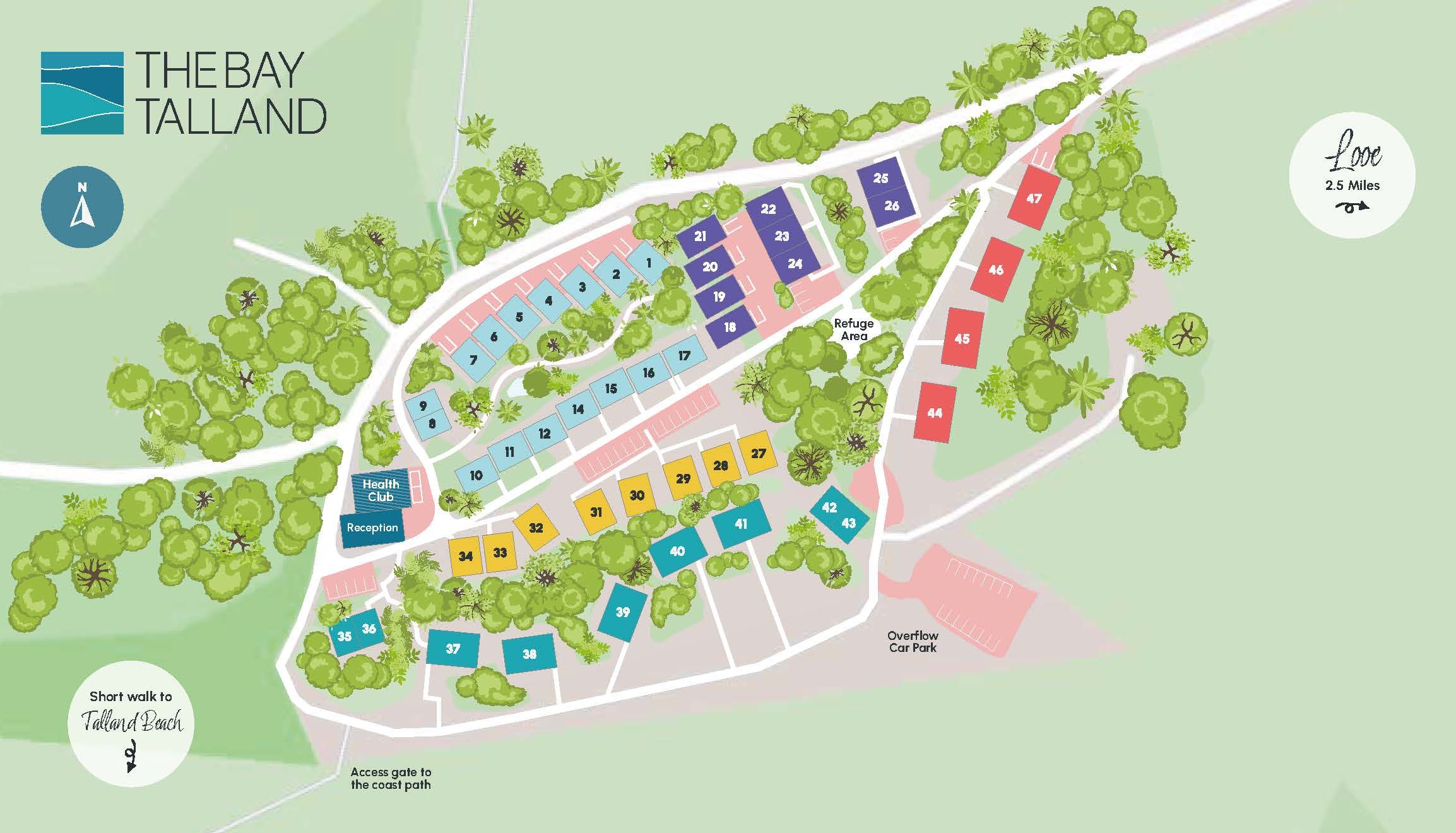 Site map of The Bay Talland holiday park showing lodges, pathways, trees, and facilities.