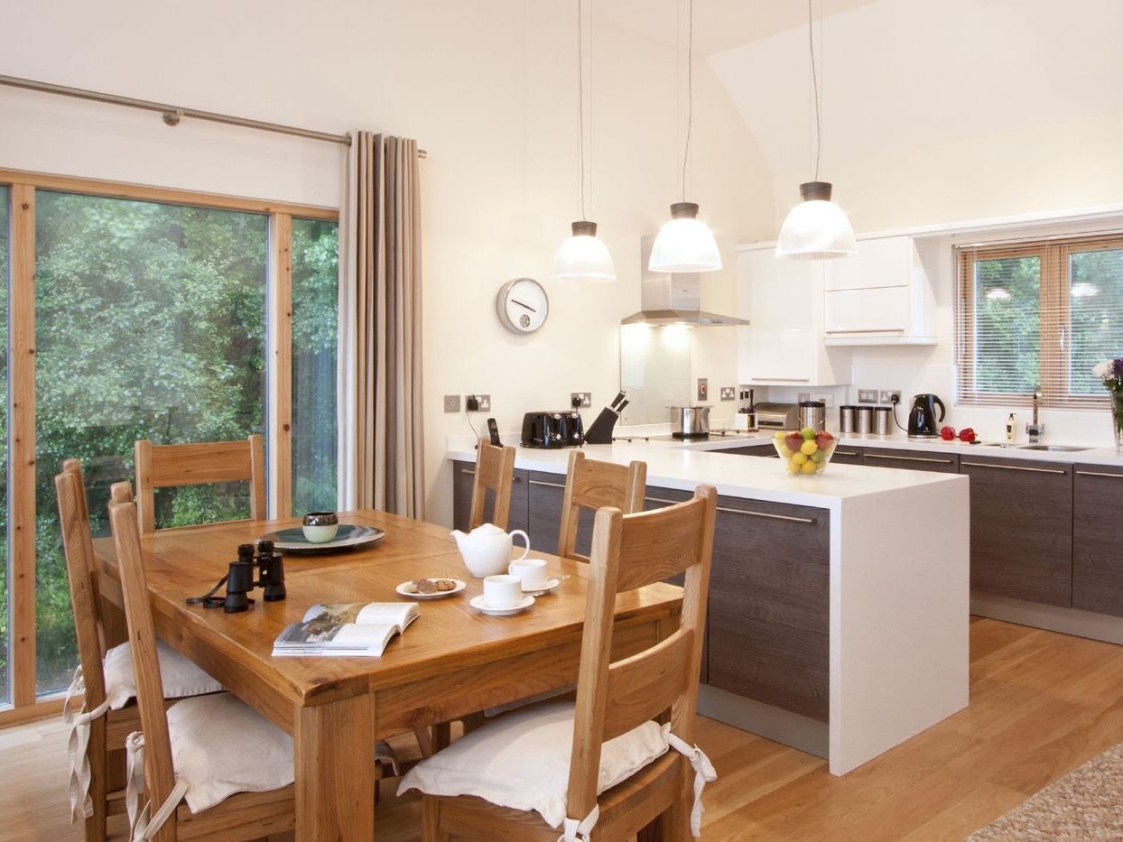 Modern kitchen and dining room with wooden table, cushioned chairs, kitchen island, and large windows overlooking greenery.