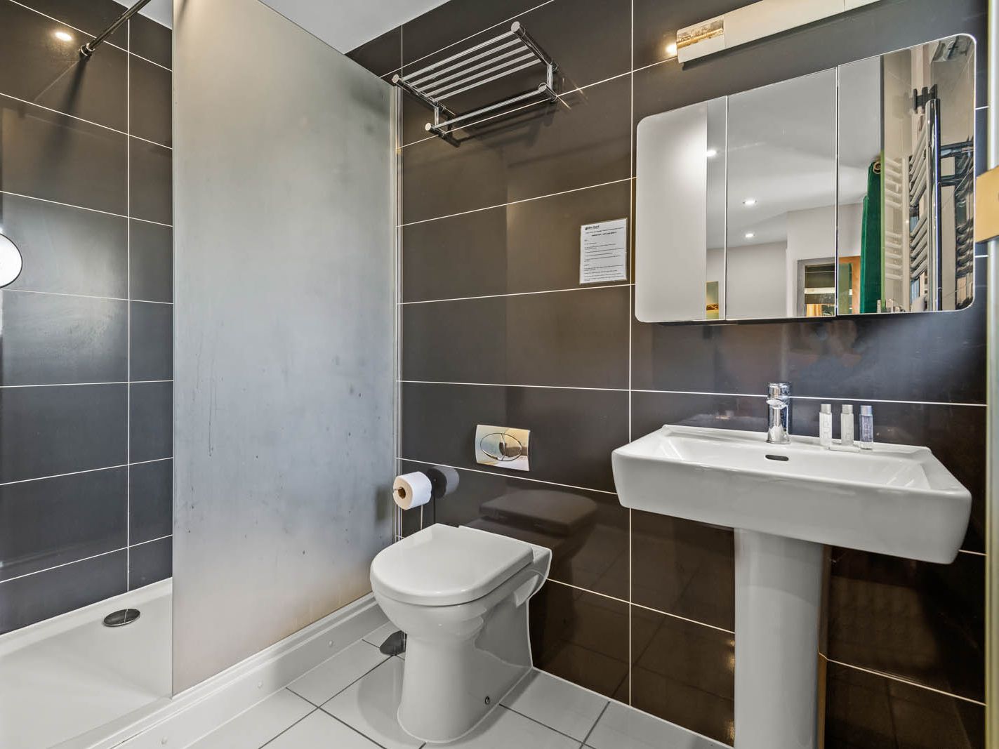 Modern bathroom with walk-in shower, toilet and pedestal sink, featuring dark tiled walls and mirrored cabinet