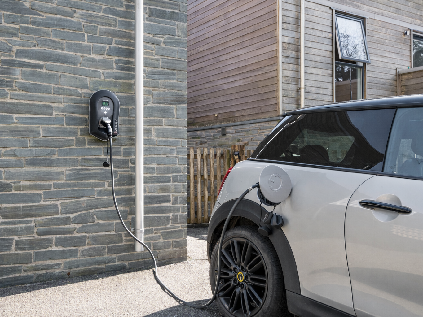 Electric car plugged into a wall-mounted home charger beside a stone wall