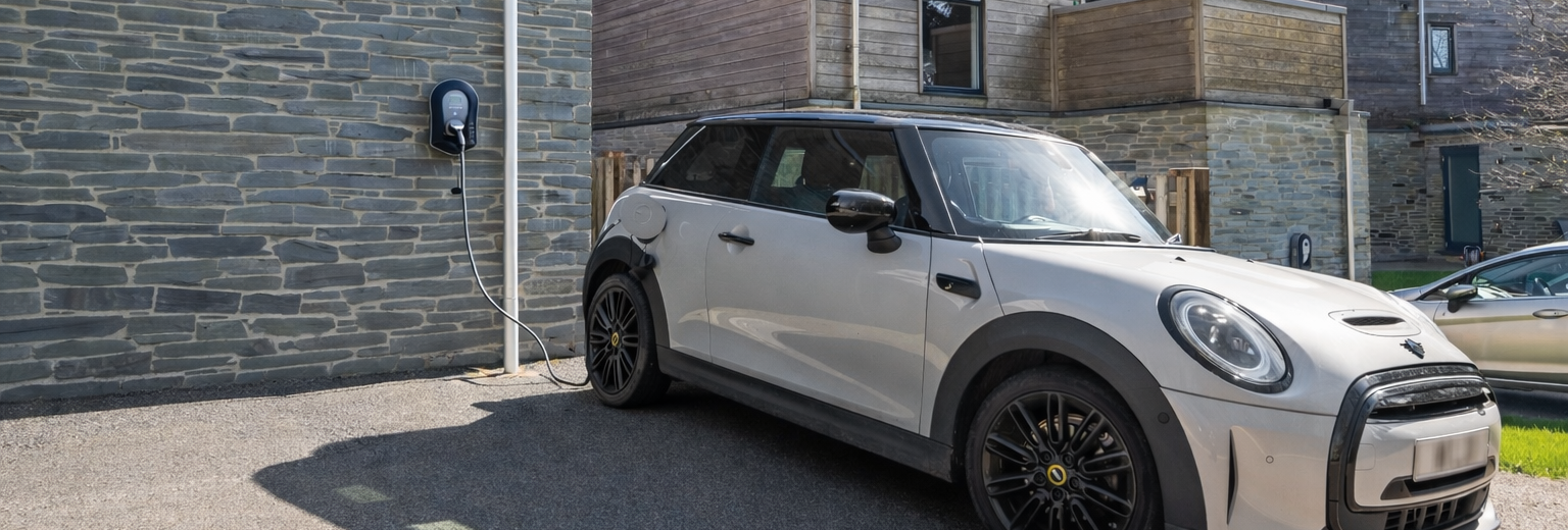 Electric car plugged into a wall-mounted charging point beside a modern stone and timber building
