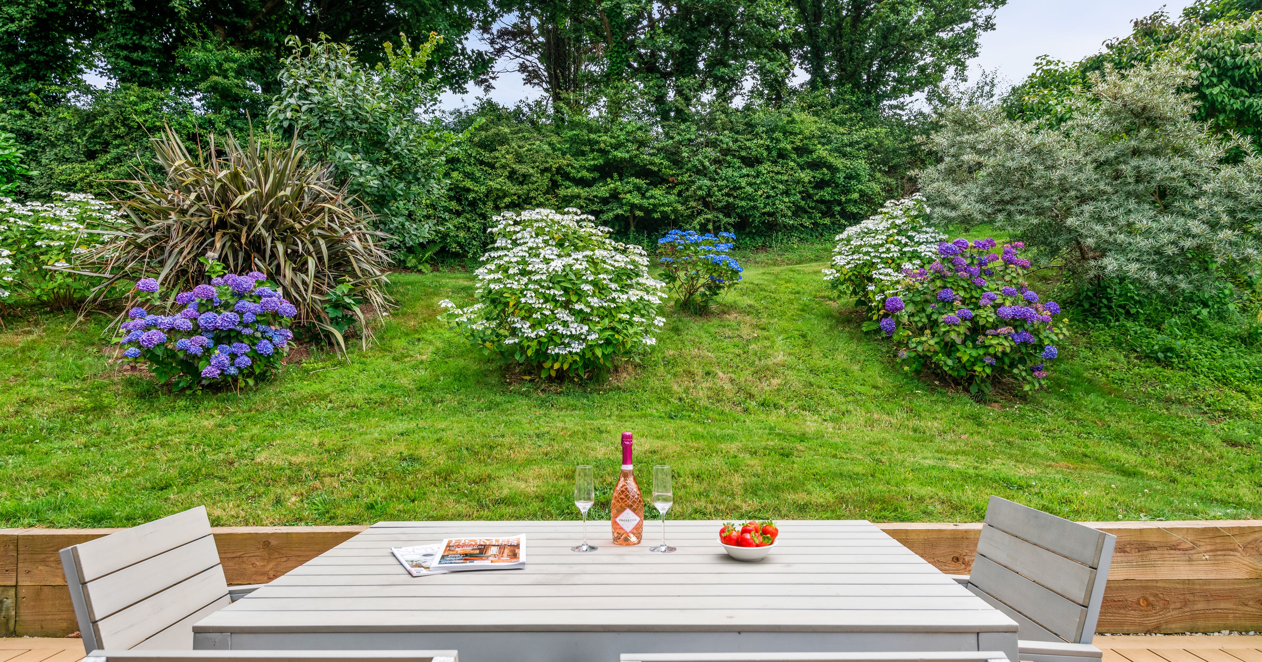 Outdoor patio table with wine, glasses, and strawberries, overlooking a garden with hydrangeas