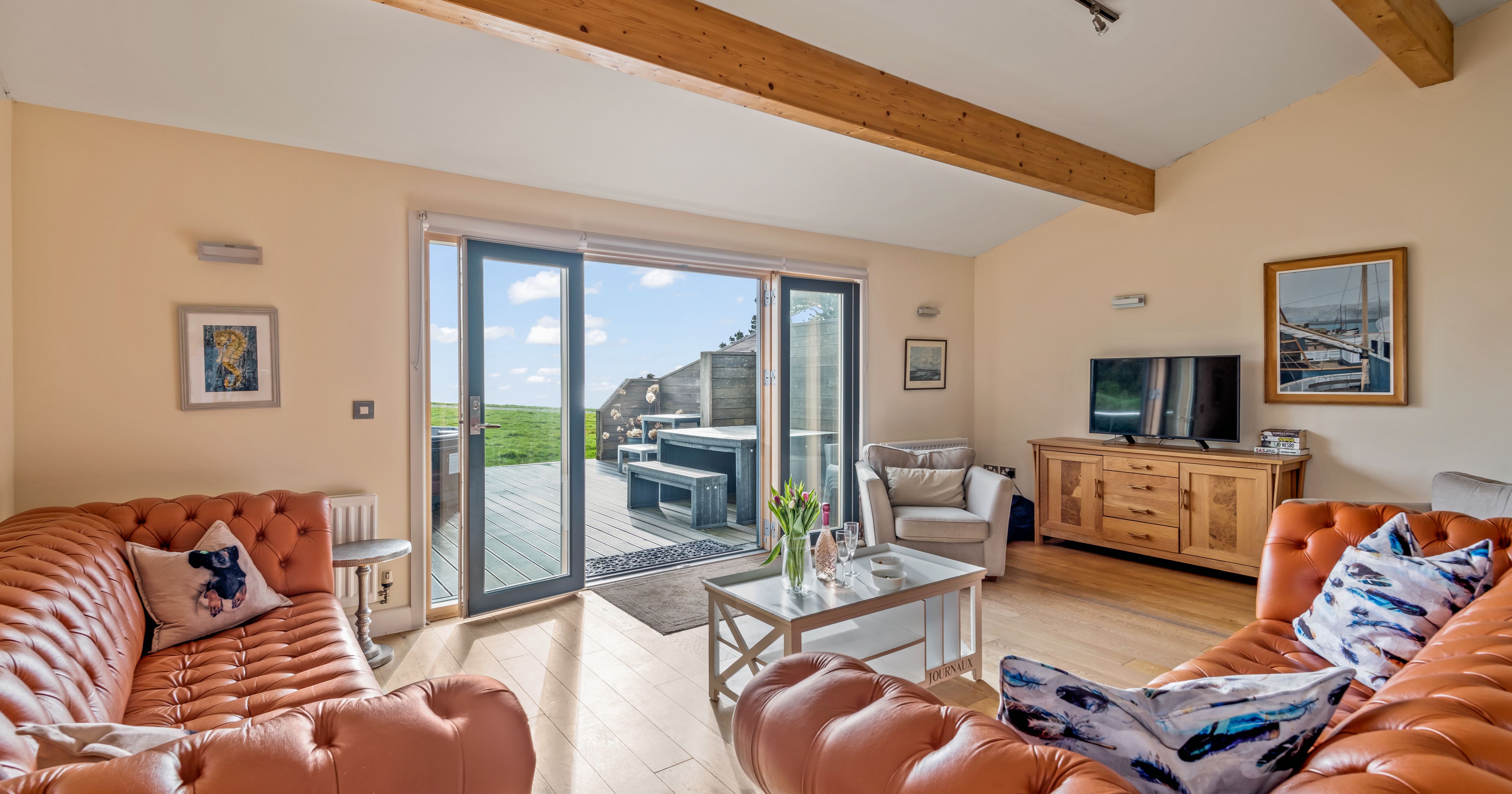 Bright modern living room with large sliding glass doors leading to an outdoor patio and field view.