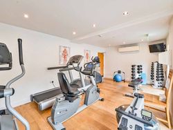 Modern home gym with exercise machines and free weights