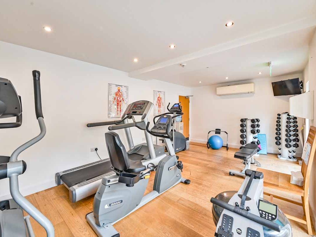 Modern home gym with exercise machines and free weights