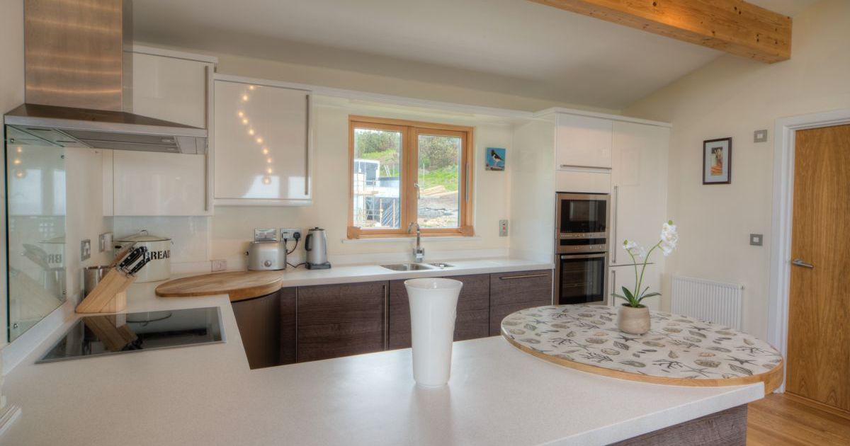 Modern kitchen with white countertops, wooden cabinets, and a center island featuring a potted plant.