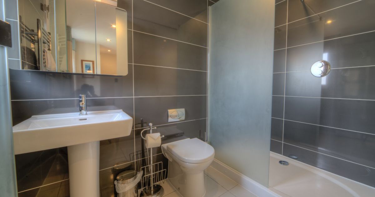 Modern bathroom with a pedestal sink, toilet, and walk-in shower with frosted glass panel.