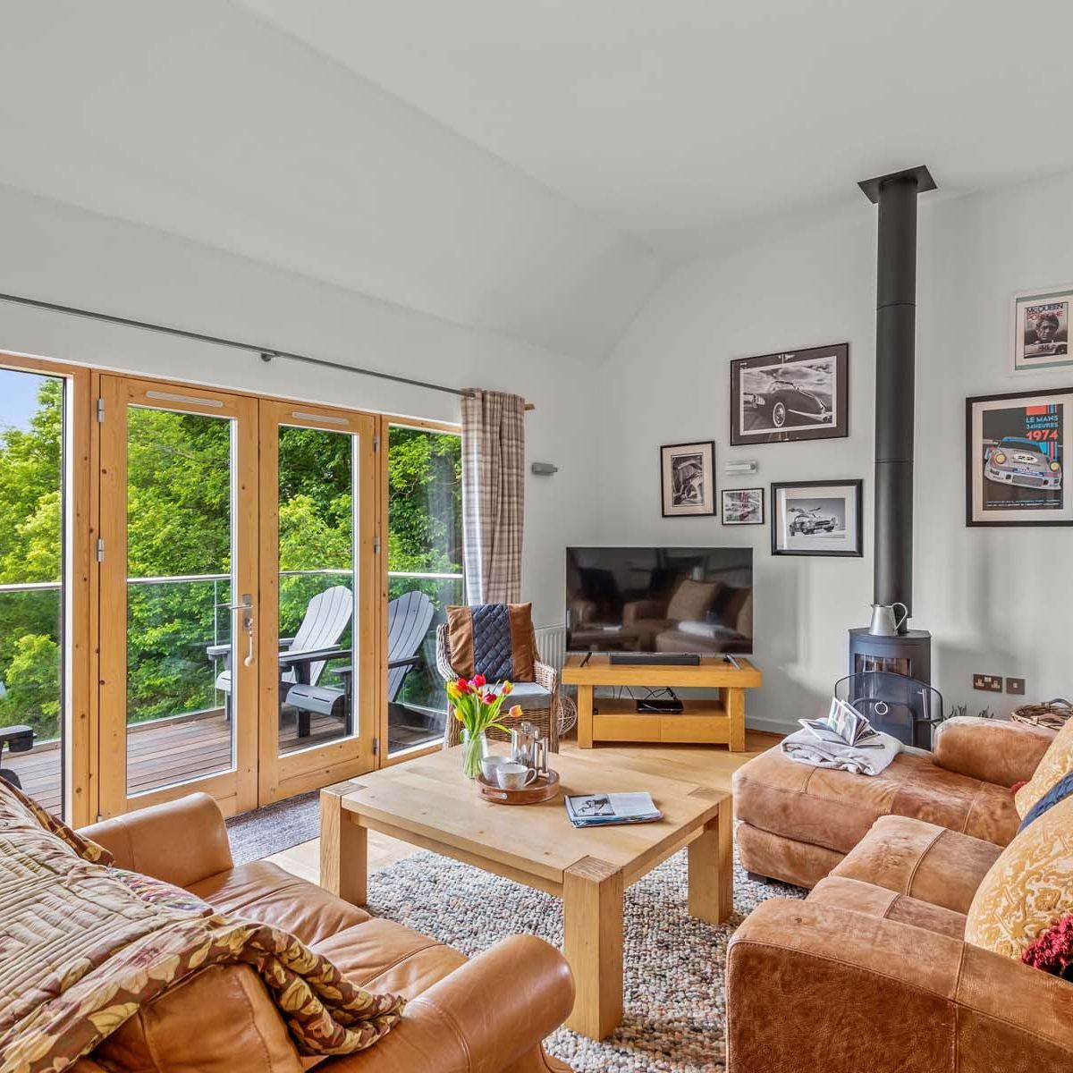 Bright and cozy living room with leather sofas, wood stove, TV, and glass doors opening to a balcony with greenery outside.