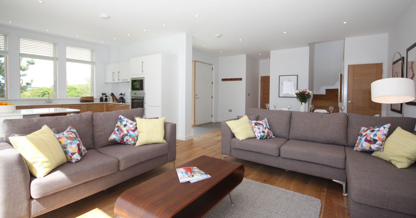 Modern open-plan living room and kitchen with grey sofas and colorful pillows