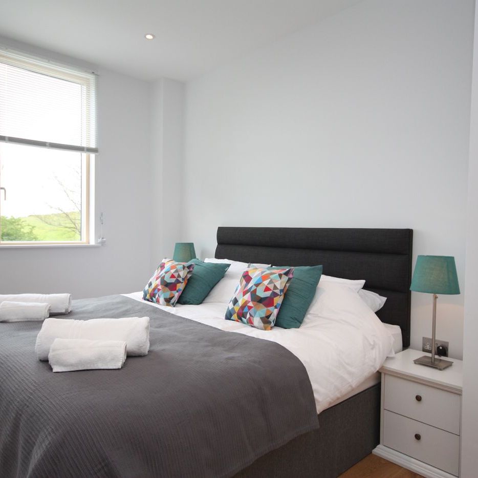 Modern bedroom with large bed, colorful pillows, bedside lamps, and large window