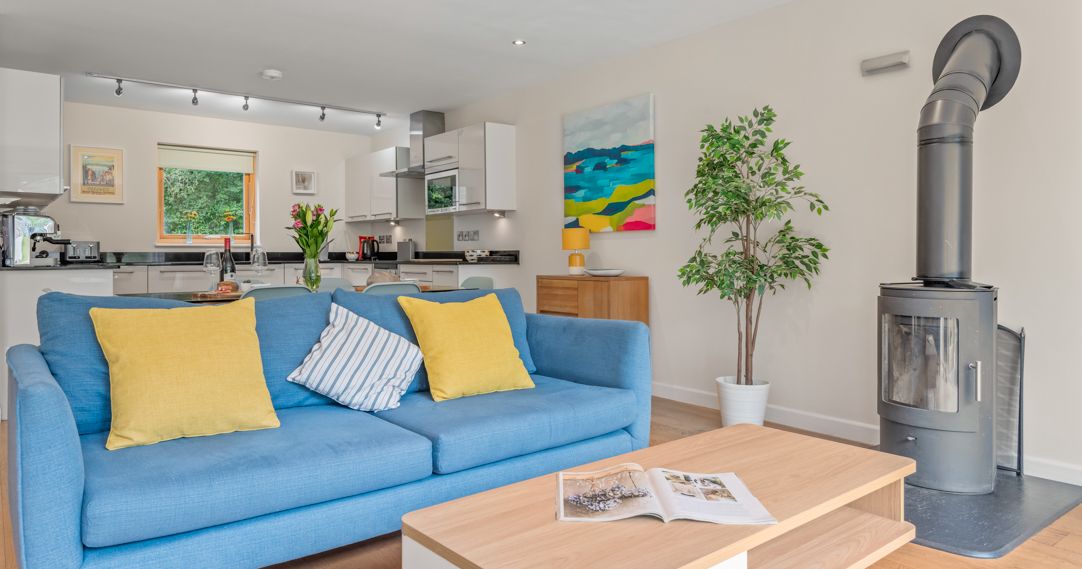 Modern living room and kitchen with a blue sofa, yellow and striped pillows, wooden coffee table with an open magazine, indoor plant, wood-burning stove, and colorful wall art.