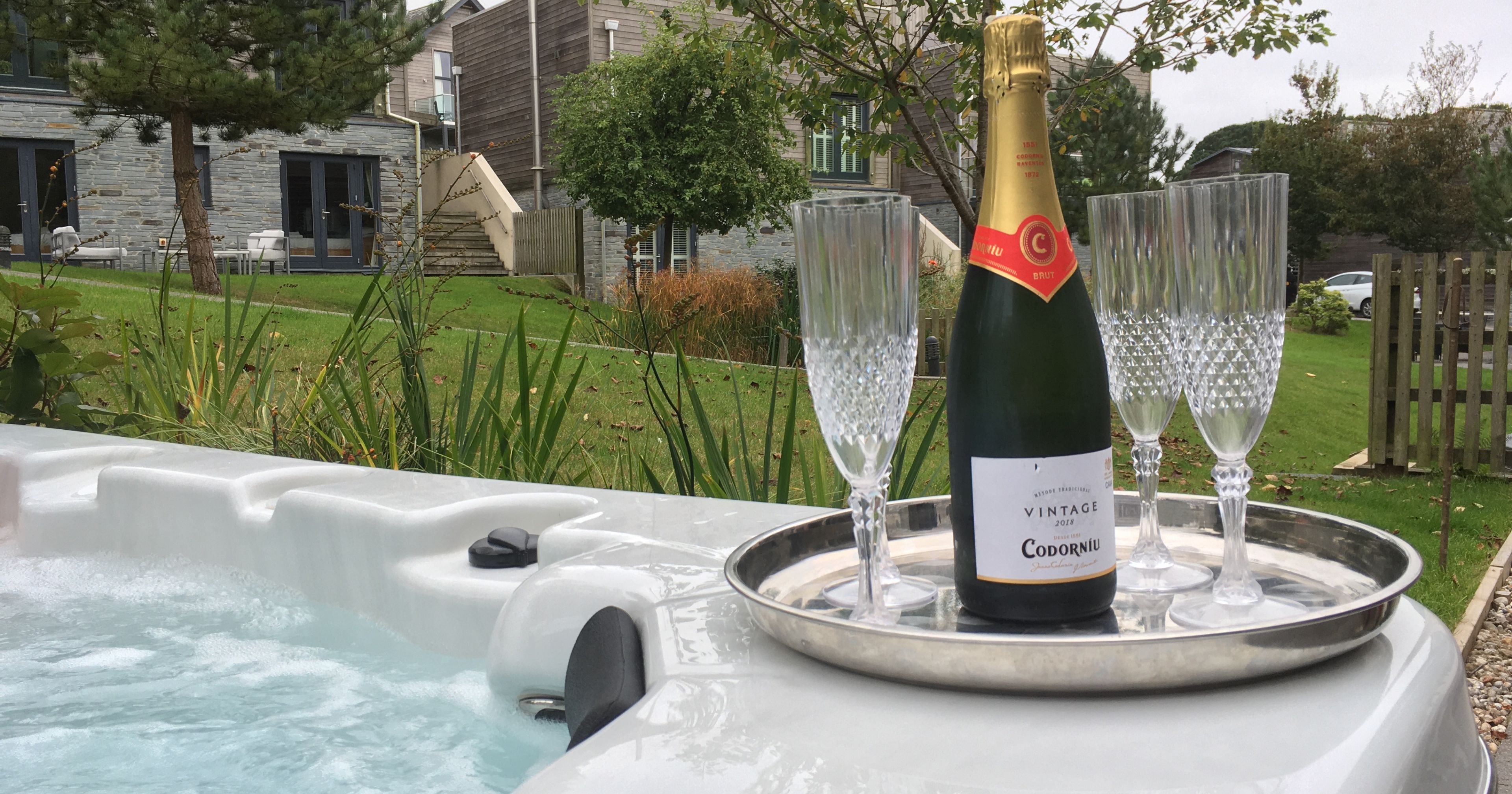 A bottle of Codorniu Vintage sparkling wine and four empty crystal glasses on a silver tray on the edge of a hot tub outdoors.