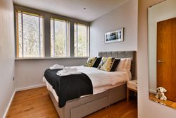 Modern bedroom with a large bed, decorative pillows, and three windows with blinds.
