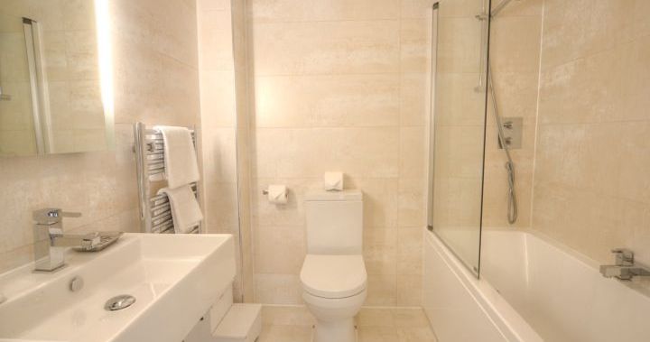 Modern bathroom with toilet, sink, and bathtub with shower