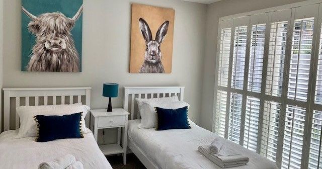 A bright bedroom with two single beds, animal artwork above each bed, and large windows with white shutters.
