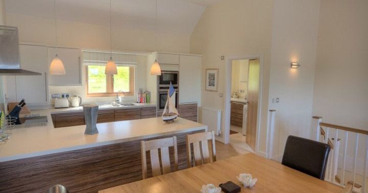 Modern open kitchen and dining area with wooden accents and pendant lighting